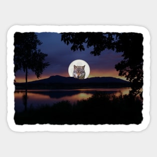 Wolf In Moon Rustic Lake Scene Sticker